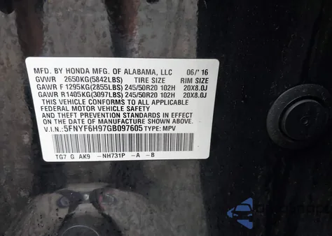 2016 Honda Pilot Touring from USA, damaged, VIN 5FNYF6H97GB097605